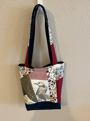 Upcycled Denim and Floral Shoulder Tote with Bird Motif, Large Size - image2